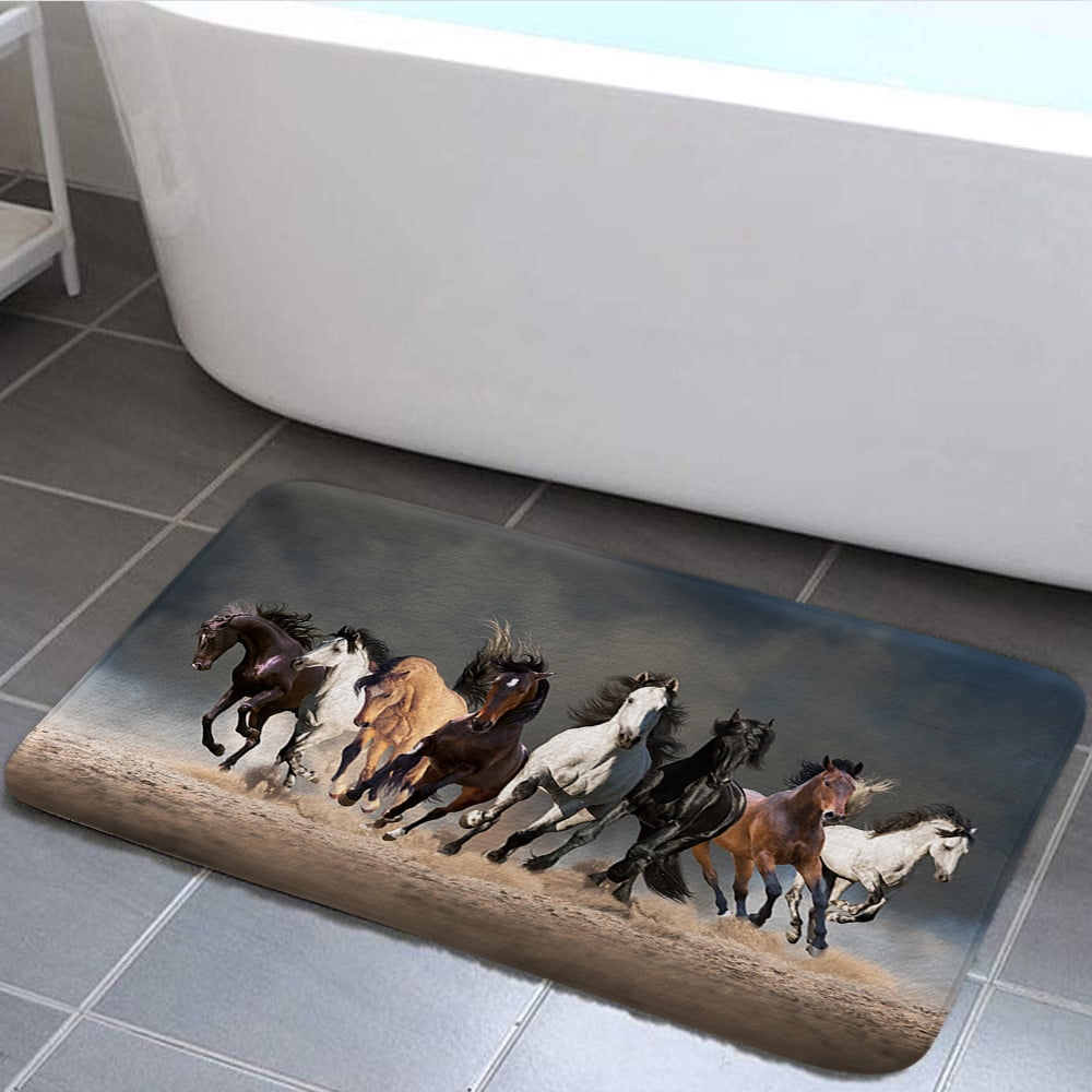 Western Horse Bath Mat, Dynamic Horses Running in Farm Filed Animal