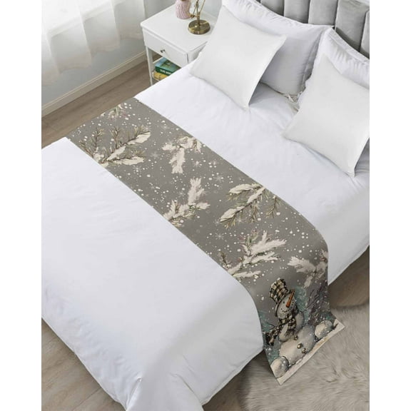 Christmas Snowman Grey Bed Runner for King Size Bed, Retro Xmas Snowflake Botanical Bedspread Protector Slipcover Bed Scarf for Foot Bed Runners & Scarves for Bedroom Hotel Wedding Room 102x20 Inches