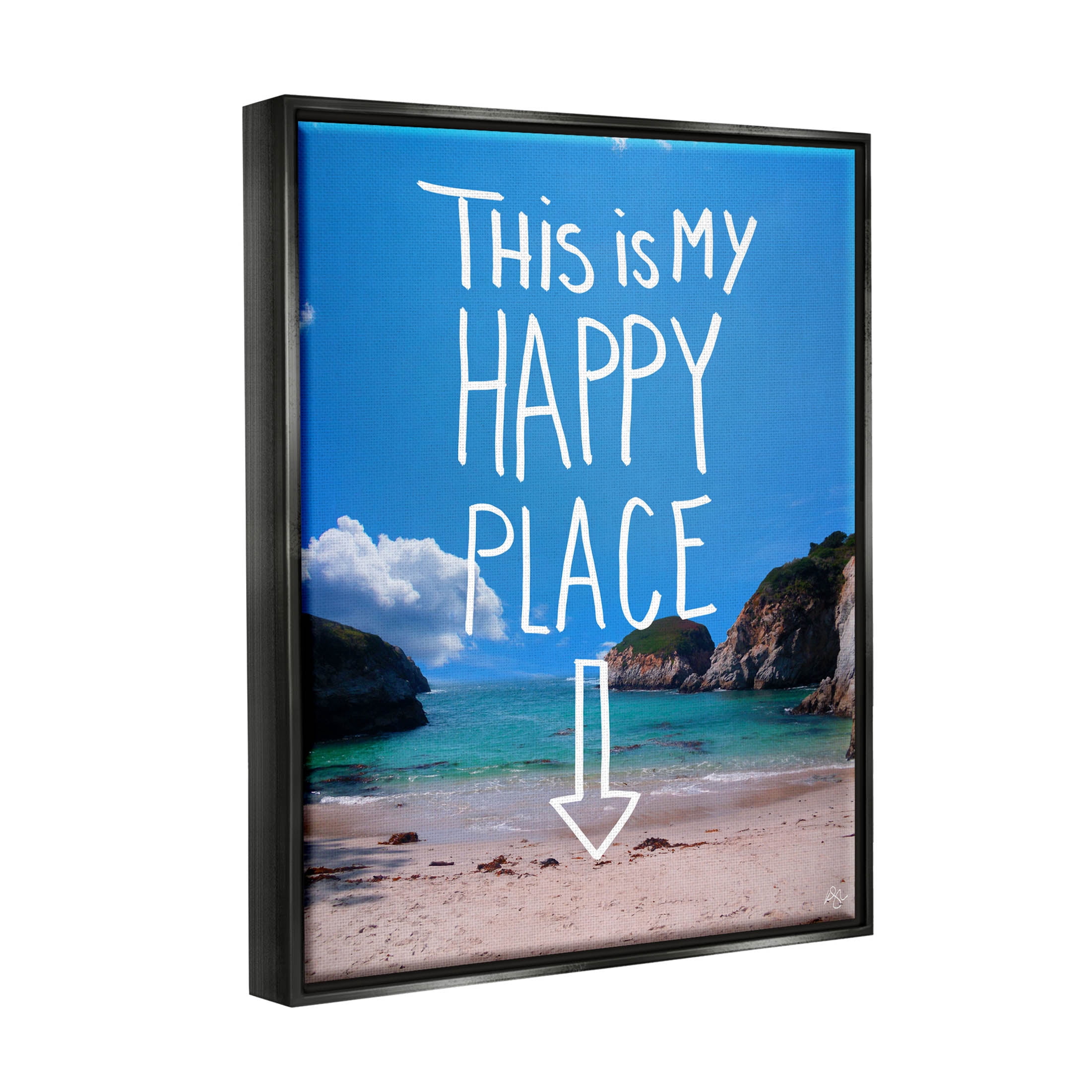 Stupell Industries My Happy Place Summer Beach Graphic Art Jet Black Floating Framed Canvas Print Wall Art, Design by K. Kaufman