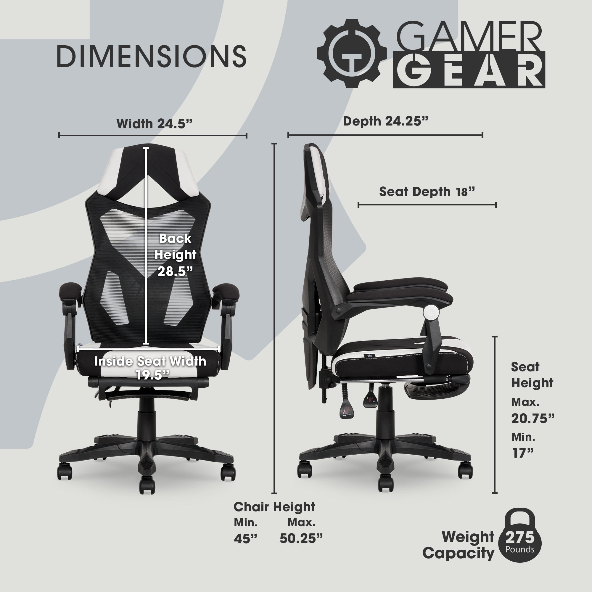 Gamer Gear Gaming Chair with Extendable Leg Rest, Breathable Mesh, Adjustable Backrest, Black/White (图3)