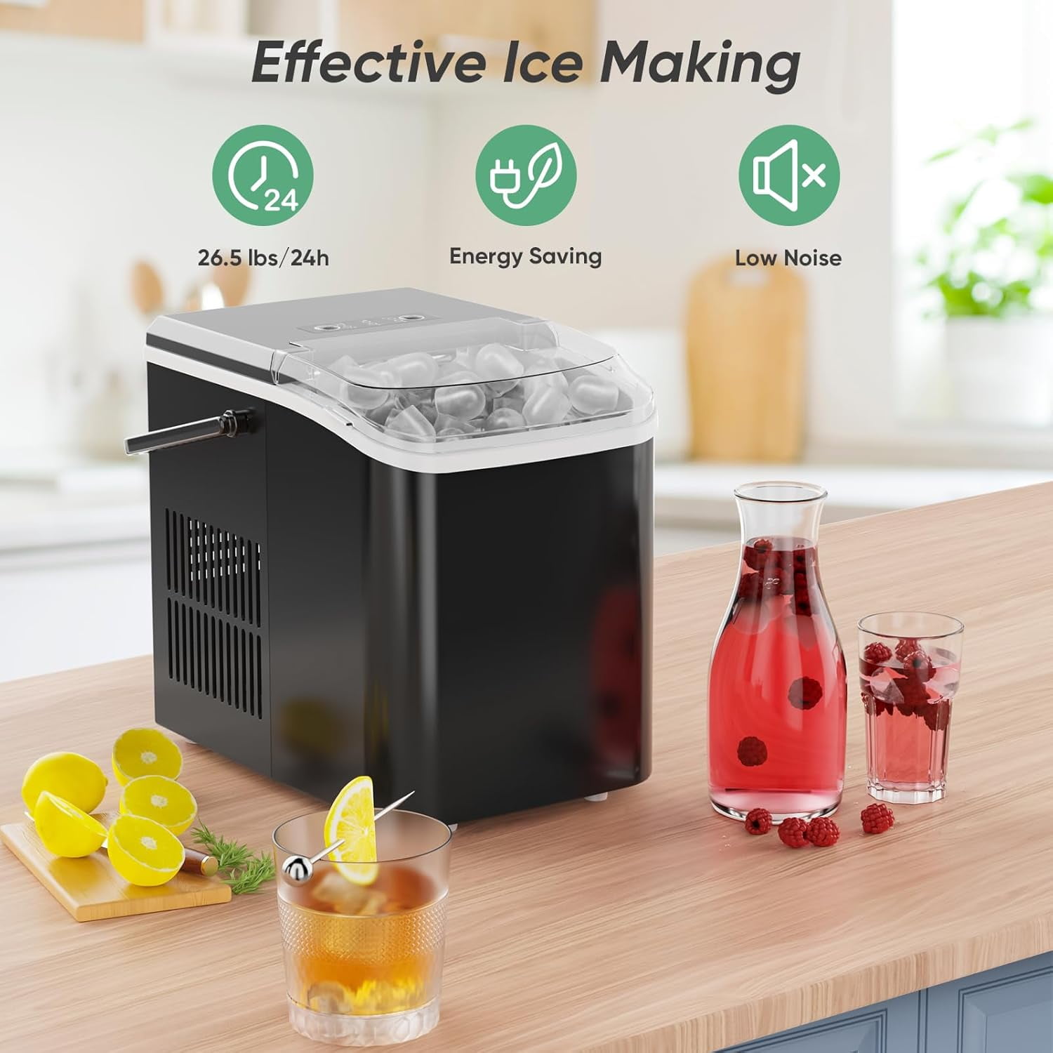 Portable Countertop Ice Maker, 26lbs/24H, 9 Bullet Cubes in 6 Mins, Self-Cleaning, Quiet Compact for Home, Kitchen, RV, Camping, Black