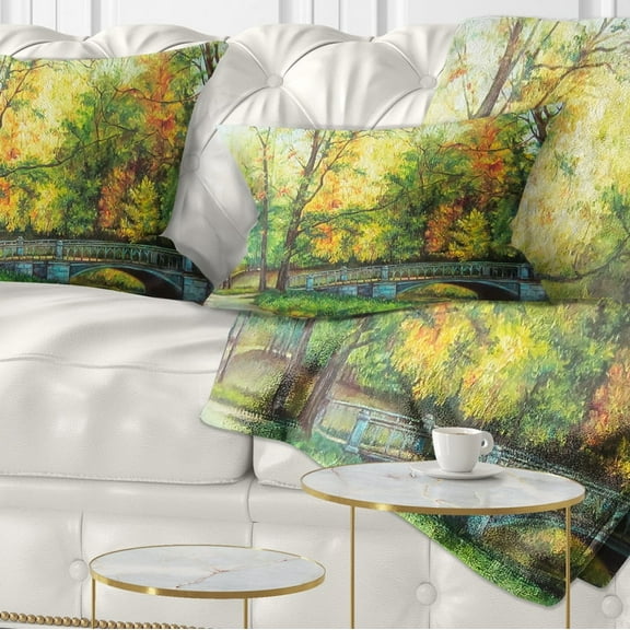 Designart Bridge in Colorful Forest - Landscape Painting Throw Pillow - 12x20
