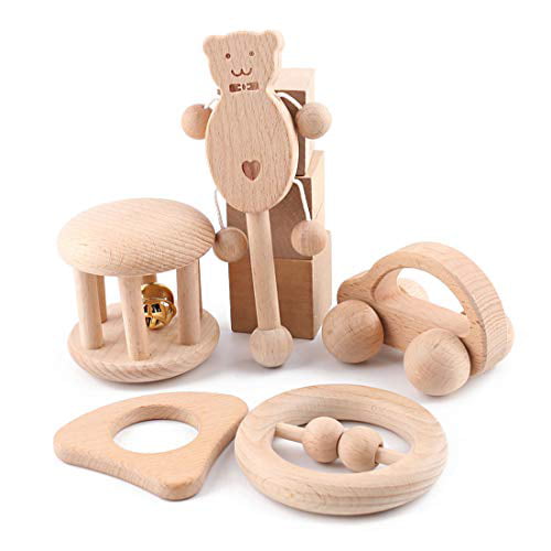 Promise Babe 4pc Organic Toddler Wooden Toys Wood Montessori Baby Rattle Intellectual Toddler Grasping Toy Perfect Newborn Gift 