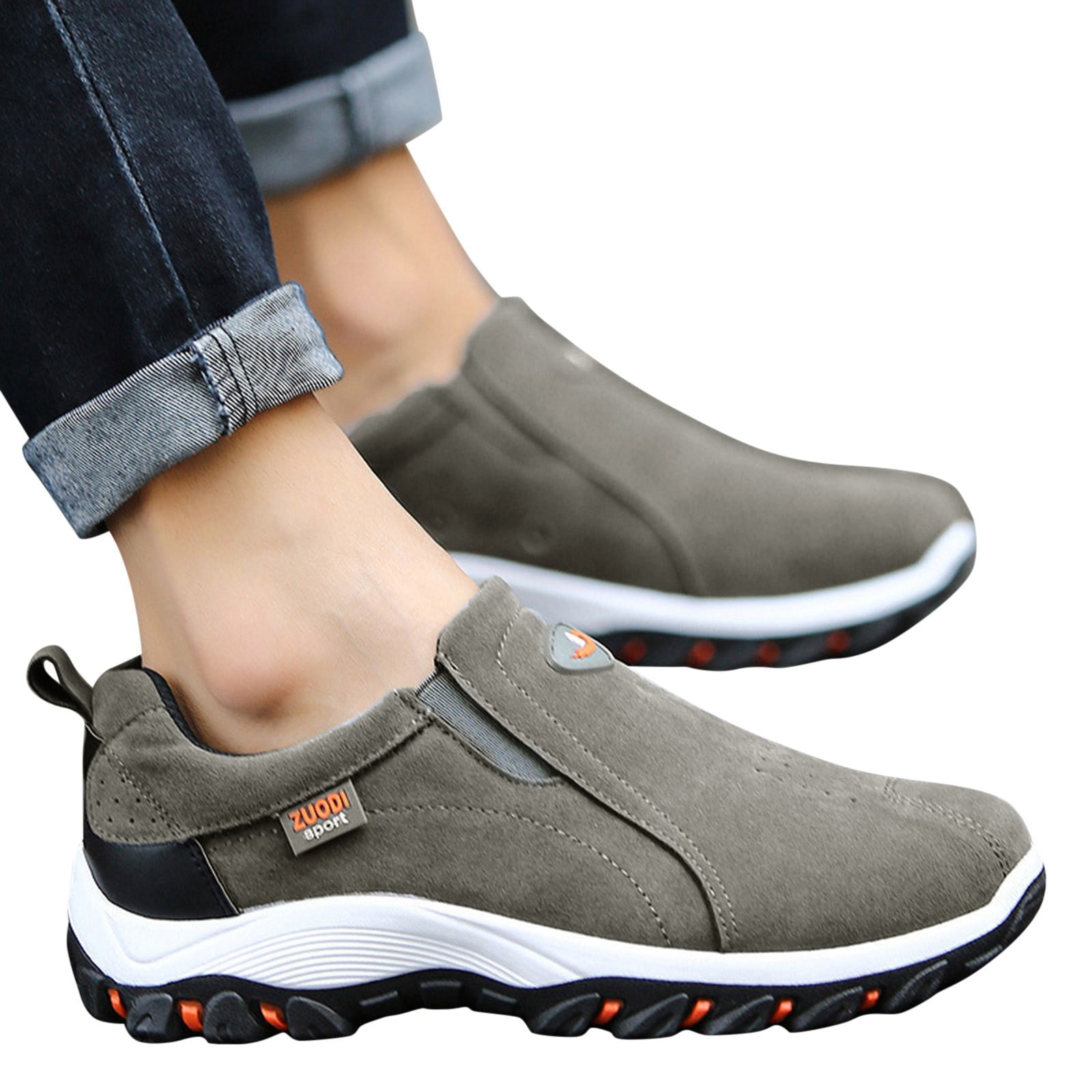 Mepaouo Mens Hiking Shoes Suede Leather Slip On Sneakers Arch Support Breathable Running Shoes