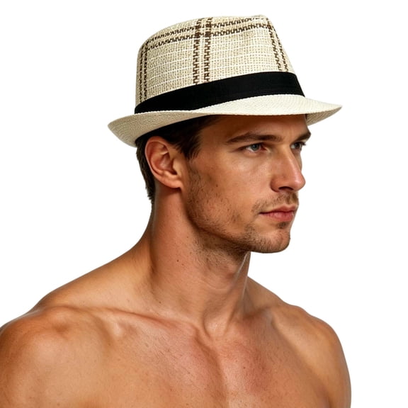 DayScoop Mens Plaid Straw Fedora Hat, Short Brim Check Pattern Trilby Cap With Hat B, Lightweight Breathable Summer Sun Hat Beach Travel Outdoor Party Daily Wear Men
