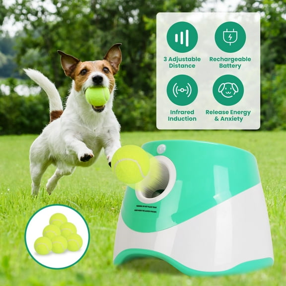Moclever Automatic Dog Ball Launcher, Interactive Dog Fetch Toy with 3 Adjustable Launch Distance for Small Medium Dogs, Green (Included 6 Tennis Balls)