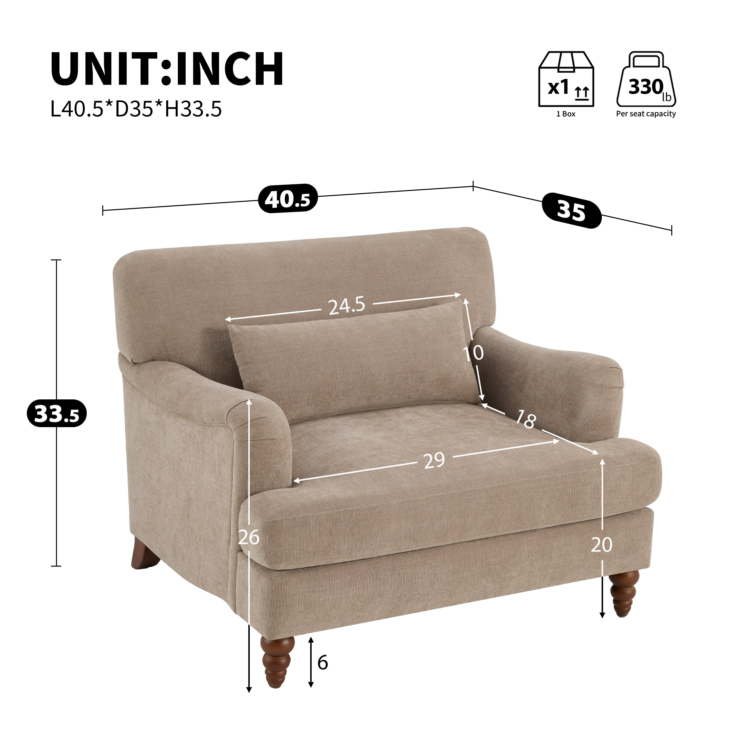 GARITIN Oversized Accent Chair 40.5 Inch, Modern Upholstered Armchair with Lumbar Pillow and Turned Wood Legs for Living Room, Light Brown