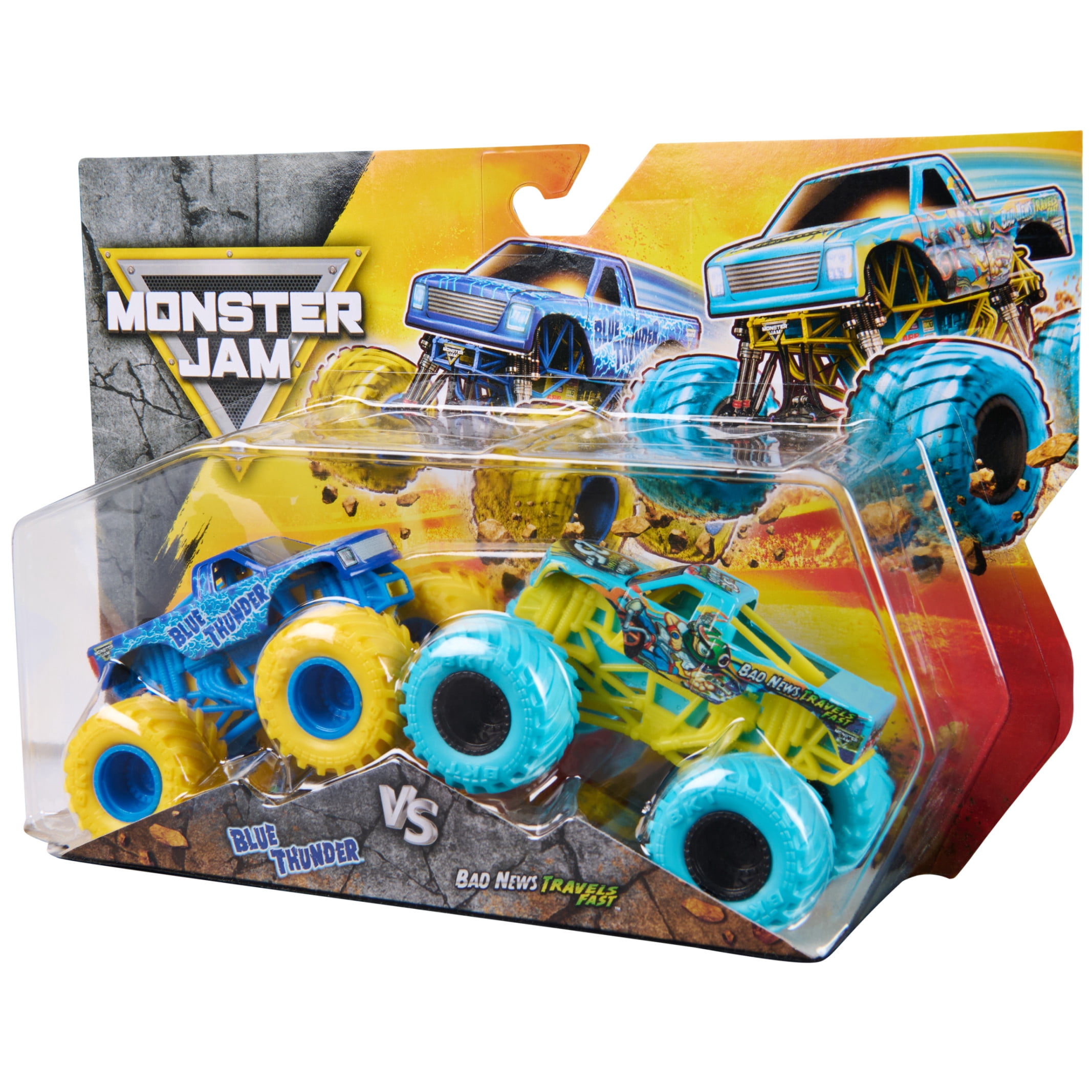 Monster Jam, Blue Thunder Vs. Bad News Travels Fast Die-Cast Monster Trucks, 1:64 Scale, Kids Toys for Boys Ages 3 and up