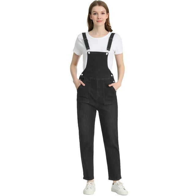 Peto Allegra K de Mezclilla Ajustable Elástico Informal para Mujer Mono Largo Pantalones Vaqueros Negro S