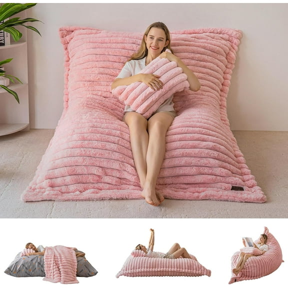 XH Giant Bean Bag Chair with Pillow, 3 in 1 Convertible Bean Bag Chair for Adults with Removable Cover, Floor Cushion Stuffed Floor Lounger for Living Room Bedroom, Pink