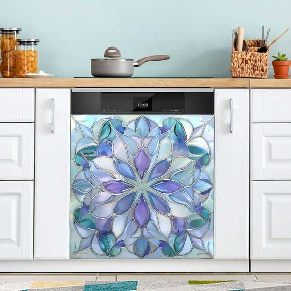 Dishwasher Magnet Cover Magnetic Fridge Door Cover Home Kitchen Decor Purple Blue Floral Stained Glass 23"x 26"