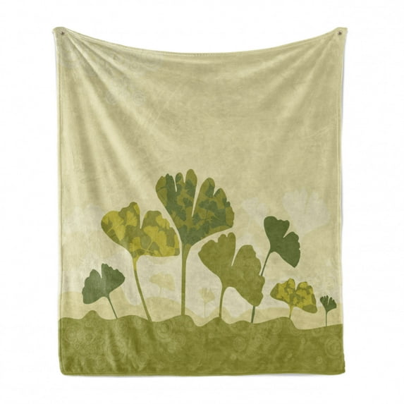 Gingko Soft Flannel Fleece Throw Blanket, Tree Leaf Stem Biloba Natural Curved Leaves Seasonal Harvest Graphic, Cozy Plush for Indoor and Outdoor Use, 50" x 60", Olive Green and Beige, by Ambesonne