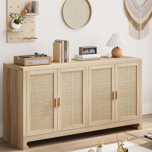 40 inch Modern Boho Storage Cabinet with Woven Rattan Doors Adjustable Shelf Multifunctional TV Stand Coffee Bar and Entryway Console Table for Kitchen Living Room Oak Brown