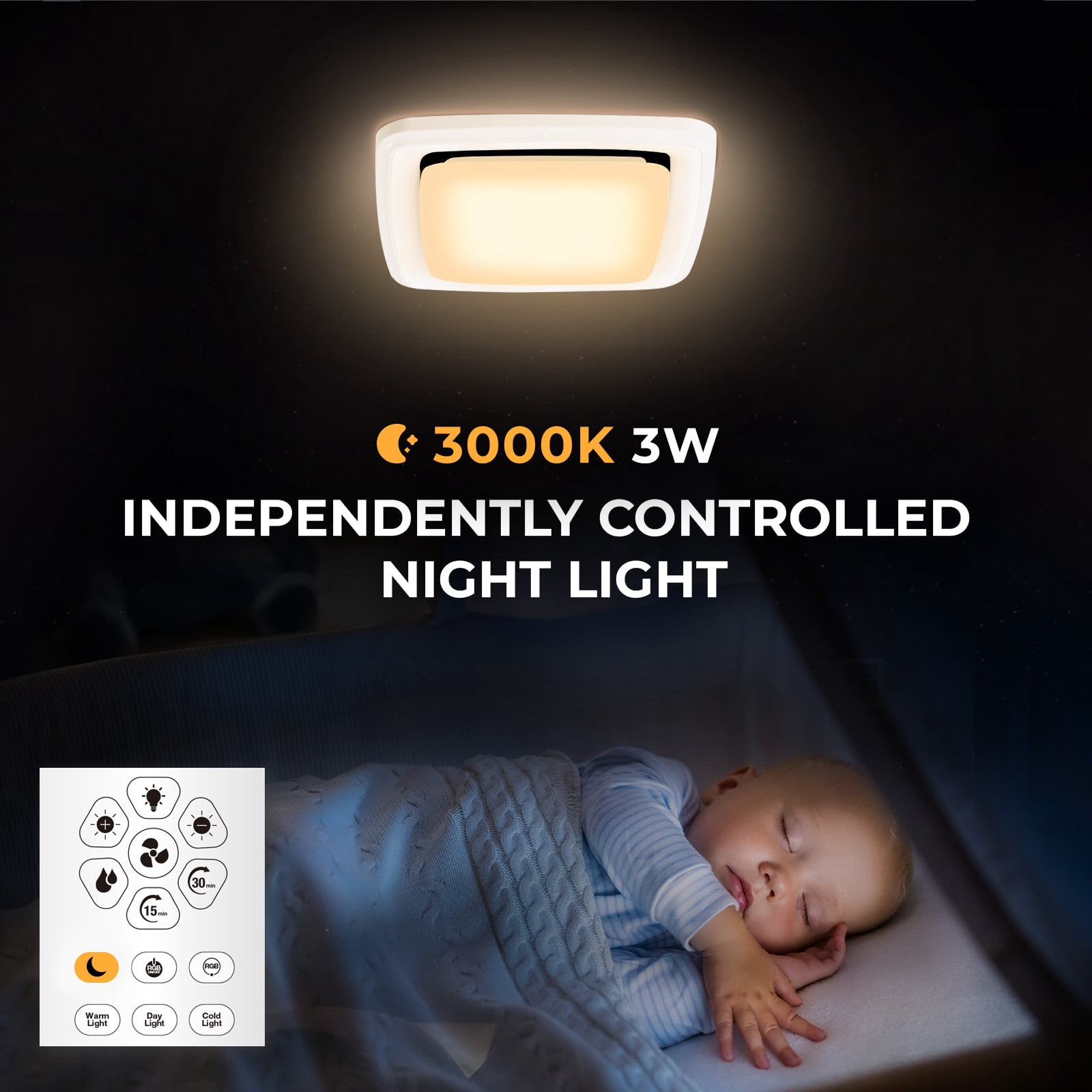 Akicon Bathroom Exhaust Fan with RGB Light, 110 CFM 1.5 Sones Bathroom Vent Fan with Humidity Sensor & Dimmable 3CCT LED Light 3000K/4000K/5000K, Square, White