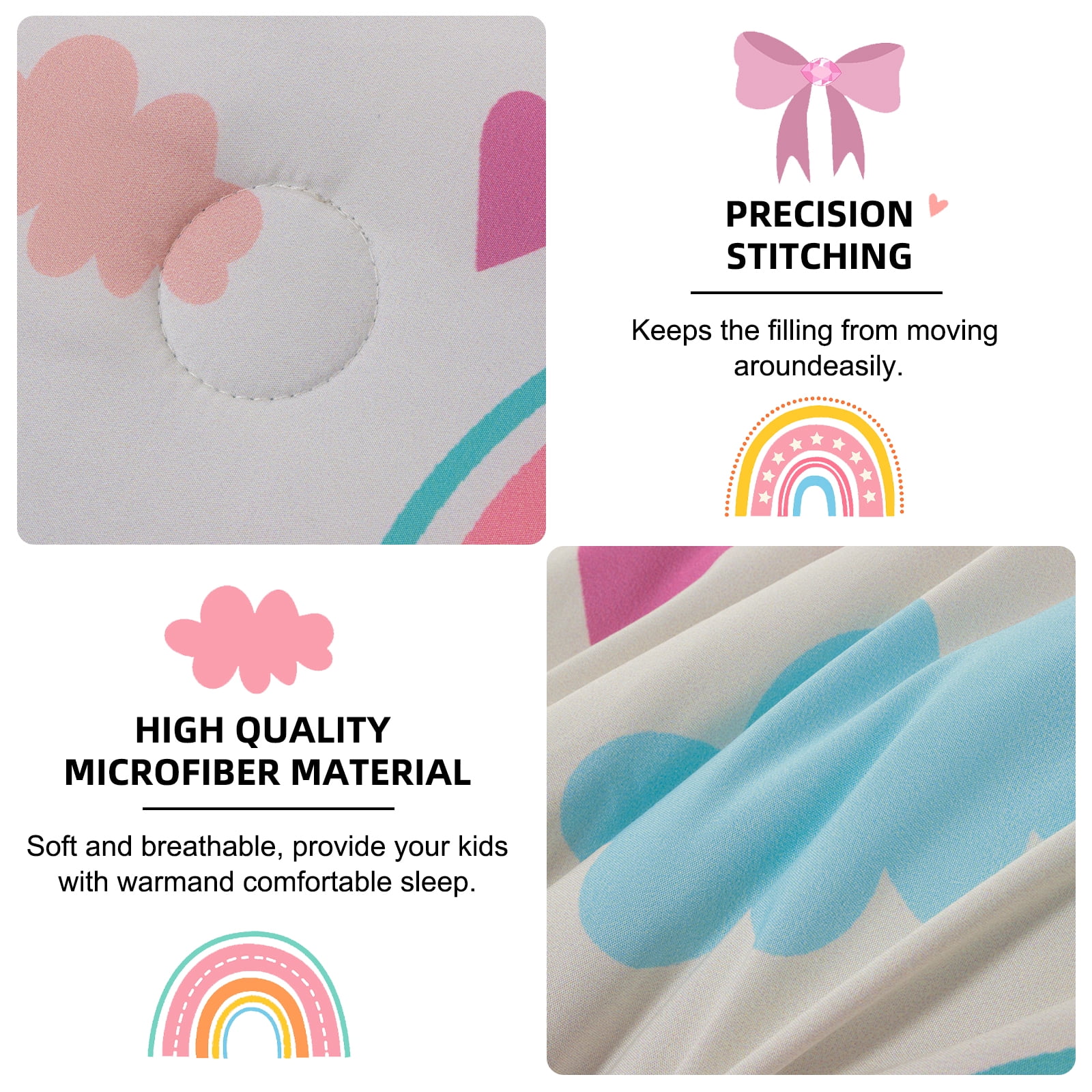 Btargot 6-piece Bows Rainbow Full Comforter Set for Girls Kids Cute Bowknot Bedding Set Bed-in-a-Bag