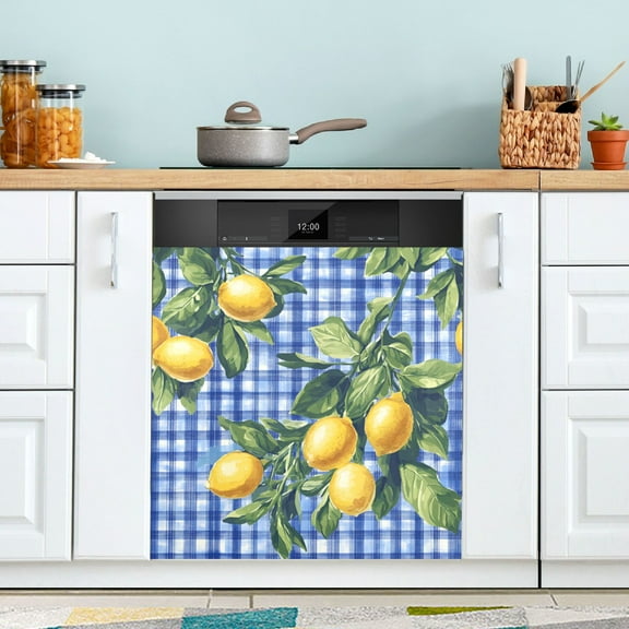 Yayeee Magnetic Dishwasher Cover for The Front Decoration Home Kitchen Machine Sticker Protector, Green Lemon Plaid