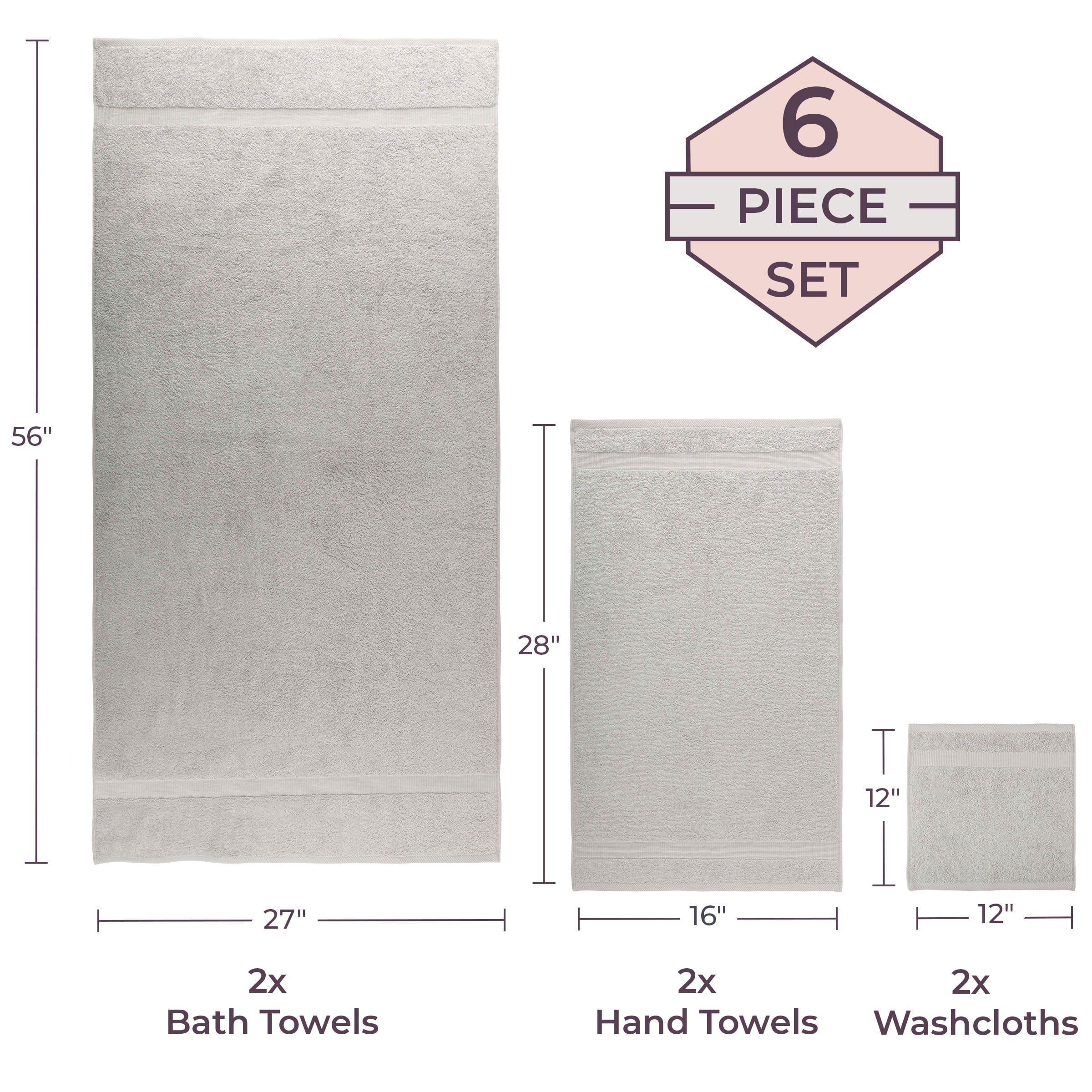 Lavish Home 6 Piece Cotton Towel Set with 2 Bath Sheets, 2 Hand Towels, and 2 Wash Cloths (Gray)