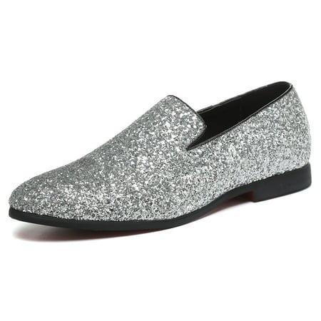 

Santimon Mens Metallic Paillette Loafers Slip-on Glitter Moccasins Dress Shoes Leather Shoes Silver 10 US