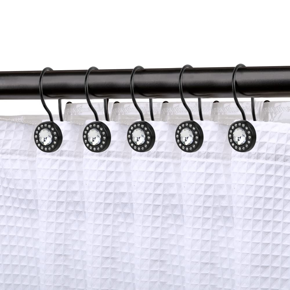 Utopia Alley Shower Rings, Double Shower Curtain Hooks for Bathroom, Rust Resistant Shower Curtain Hooks Rings, Crystal Design, Set of 12, Matt Black