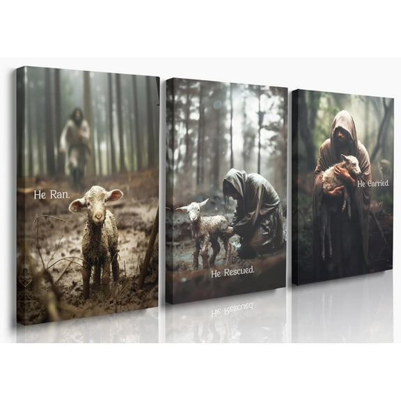 FCCUYE Jesus and Lamb Canvas Wall Art Set of 3 Jesus Running After Lost Lamb Picture Wall Art Jesus Canvas Print Christian Wall Decor Art Christian Home Decor Jesus Pictures Christian Gift 12"X16"