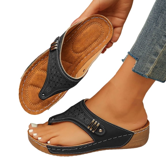 Rokment Womens Platform Wedges Flip Flops Beach Slides Orthopedic Sandals Summer Comfortable Leather Thongs Walking Dress Slip on Black Size 6