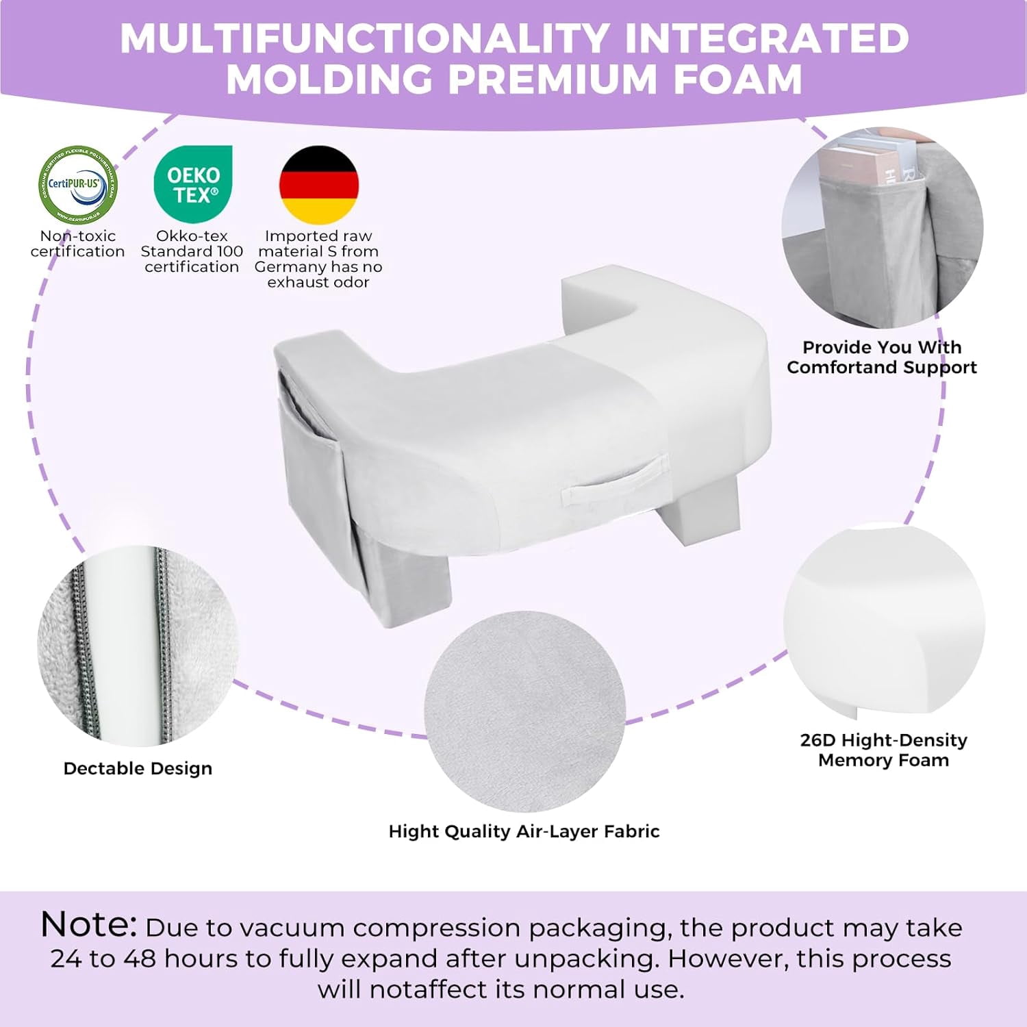 Reading Pillow for Lap, Armrest Gaming Pillow for Working, Hight Adjustable Lap Desk Pillow for Adult Sitting in Bed Sofa Floor (Light Grey)