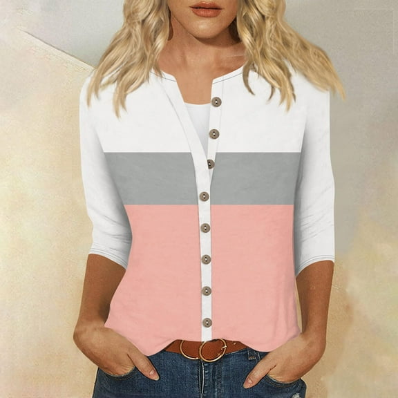 Kaemgyyd Women's Shirts Button down Color Block Work Office Blouse Casual Loose 3/4 Sleeve Tunic Tops Fall Clothing