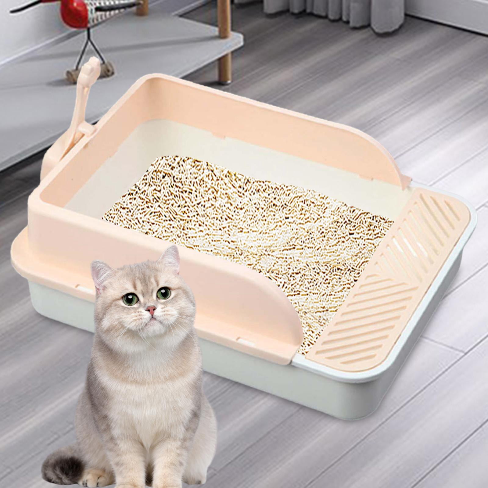 Cat Litter Tray Kitty Litter Pan Cat Sand Box Semi Enclosed Open Top Pet Kitten Toilet for Small Animals Easy to Clean, No Odor White and Pink XL