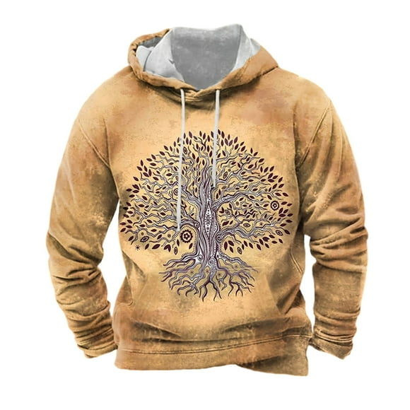 LUOGENLI Hoodies for Men Pullover Camo European Norse Mythology Hooded Retro Casual Printed Hooded Sweatshirt Hoodies for Men Pullover Tall Khaki Size XL