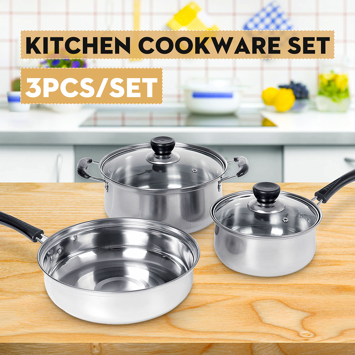 3Pcs/Set Stainless steel Pan Nonstick Iron Pot Cookware, Soup Pot with