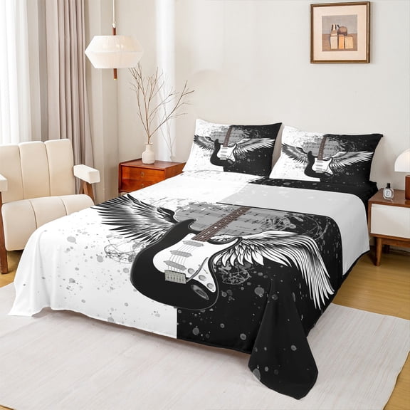 Manfei Music Guitar Twin Sheet Sets,Musical Instrument Twin Fitted Sheet,White Black Flat Sheet For Girls Kids,Microfiber Bedroom Decor,3-Piece