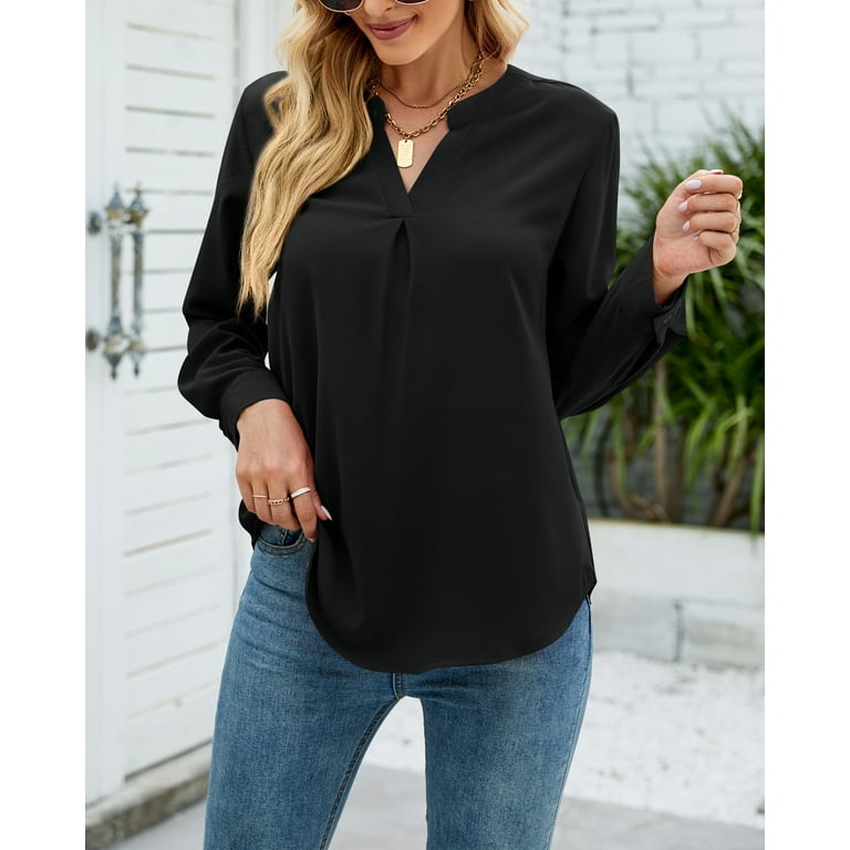 SHIBEVER Fall Fashion Chiffon Shirts for Women Long Sleeve V Neck