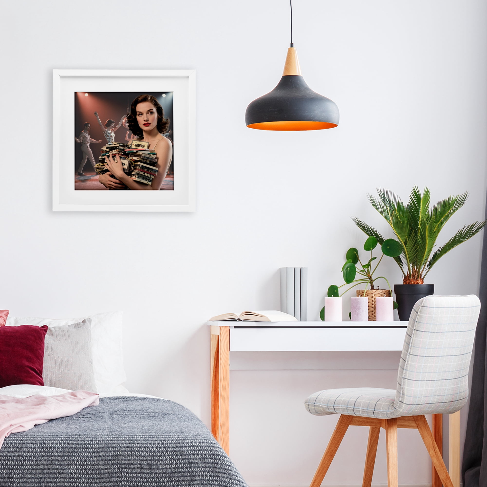 Stupell Industries Woman Holding Vintage Cassette Collection White Framed Print Under Glass, design by CAD Designs