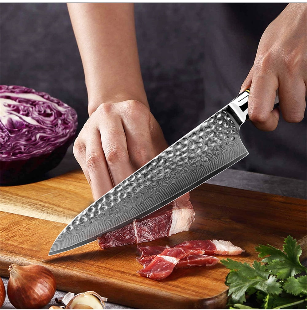 Damasus Chef Knife Sharp Santoku Knife with Giftcase,Japanese 67-Layers VG-10 Steel Core Hammered Blade Slicing Knife for Meat,Fish and Vegetable