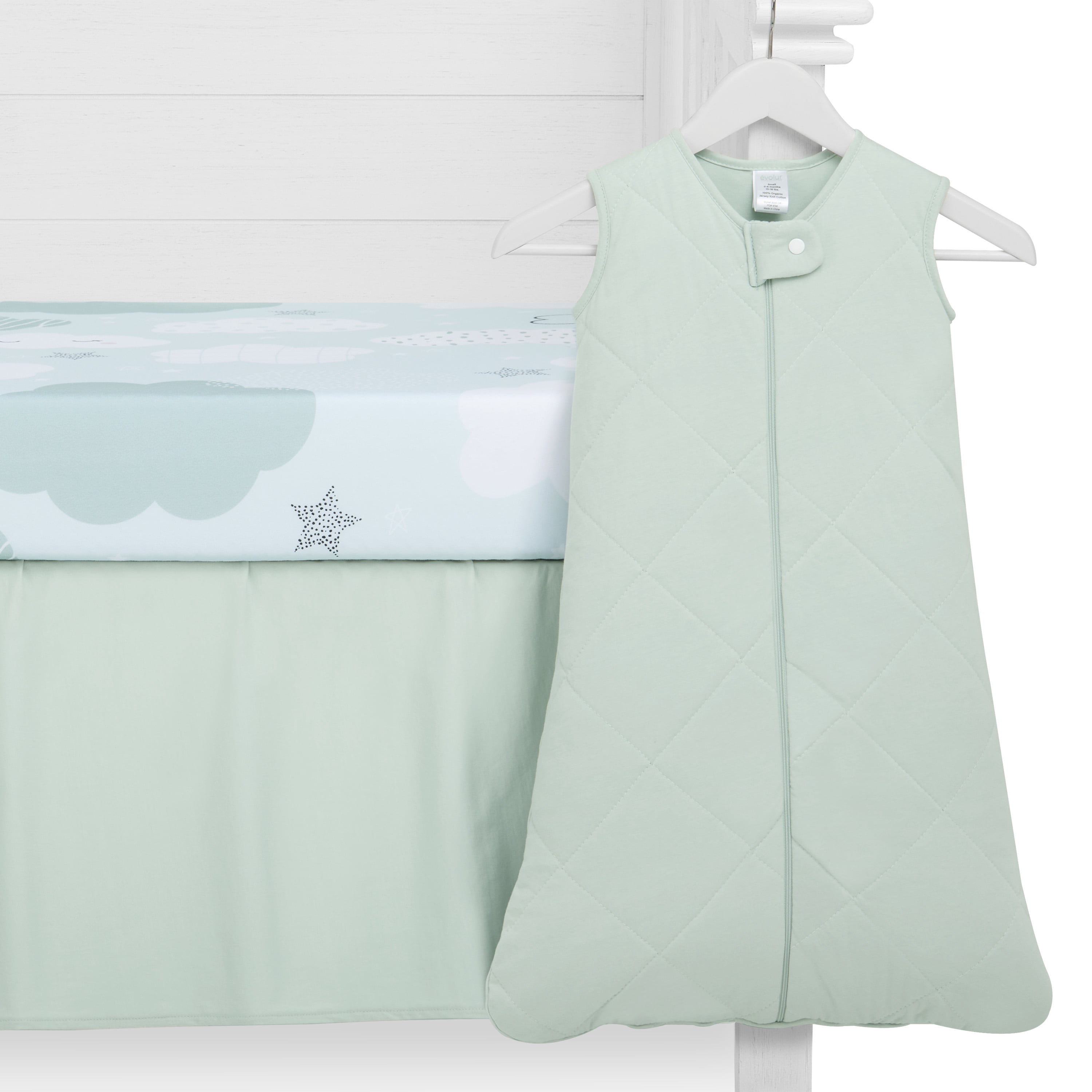 Evolur Dreamer Collection 3pc Crib Set (Fitted Sheet, Snuggle Sack, Crib Skirt) in Seafoam Green & Cloud Print