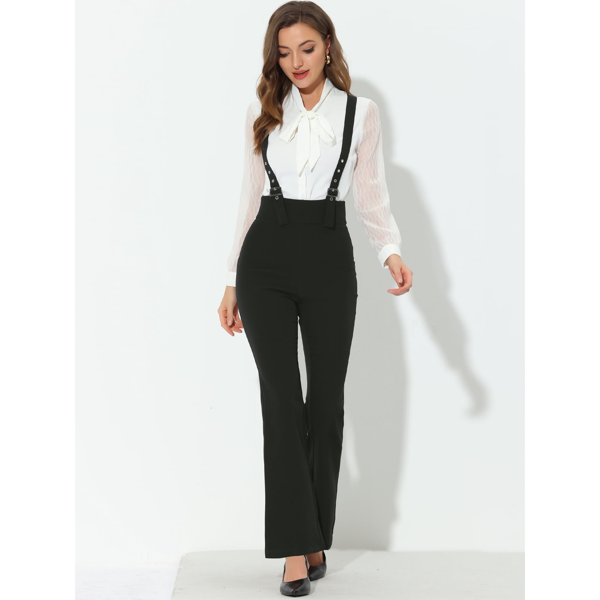 Unique Bargains Women s High Waist Overalls Wide Leg Pants Suspenders Jumpsuit Black XS