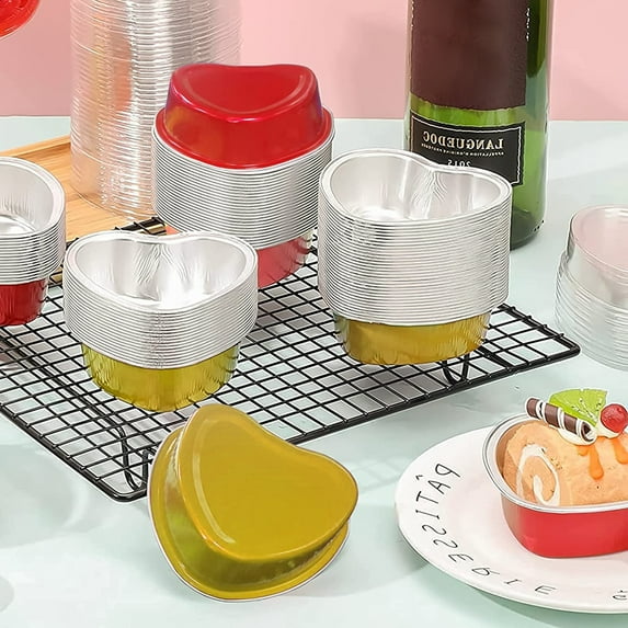 50 Set Dream Lifestyle Aluminum Foil Cake Pan, Heart Shaped Cupcake Cup with Lids Disposable Mini Cupcake Cup Flan Baking Cups Dessert Pans for Valentine Mother's Day Wedding Christmas Birthday