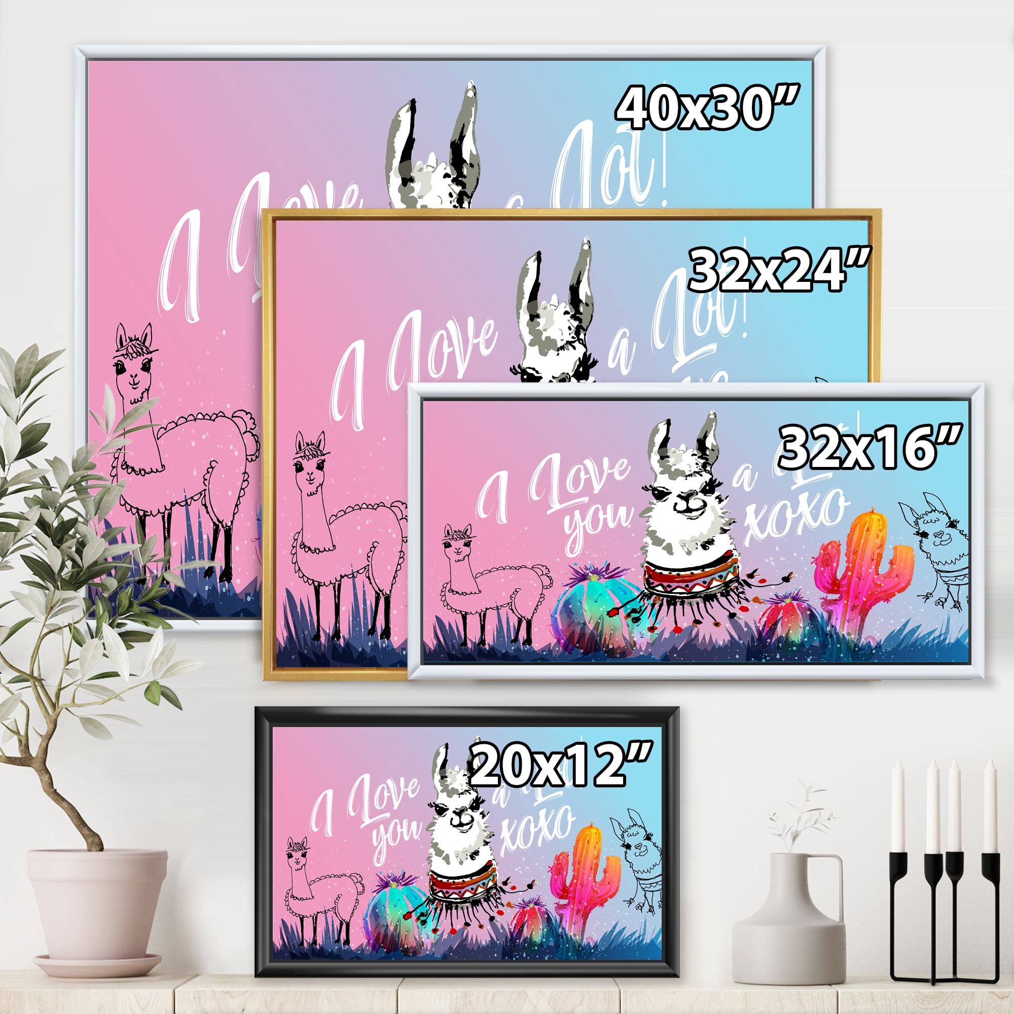 Designart 'I Love You A Lot Llama Alpaca Cartoon Portrait' Children's Art Framed Canvas Wall Art Print
