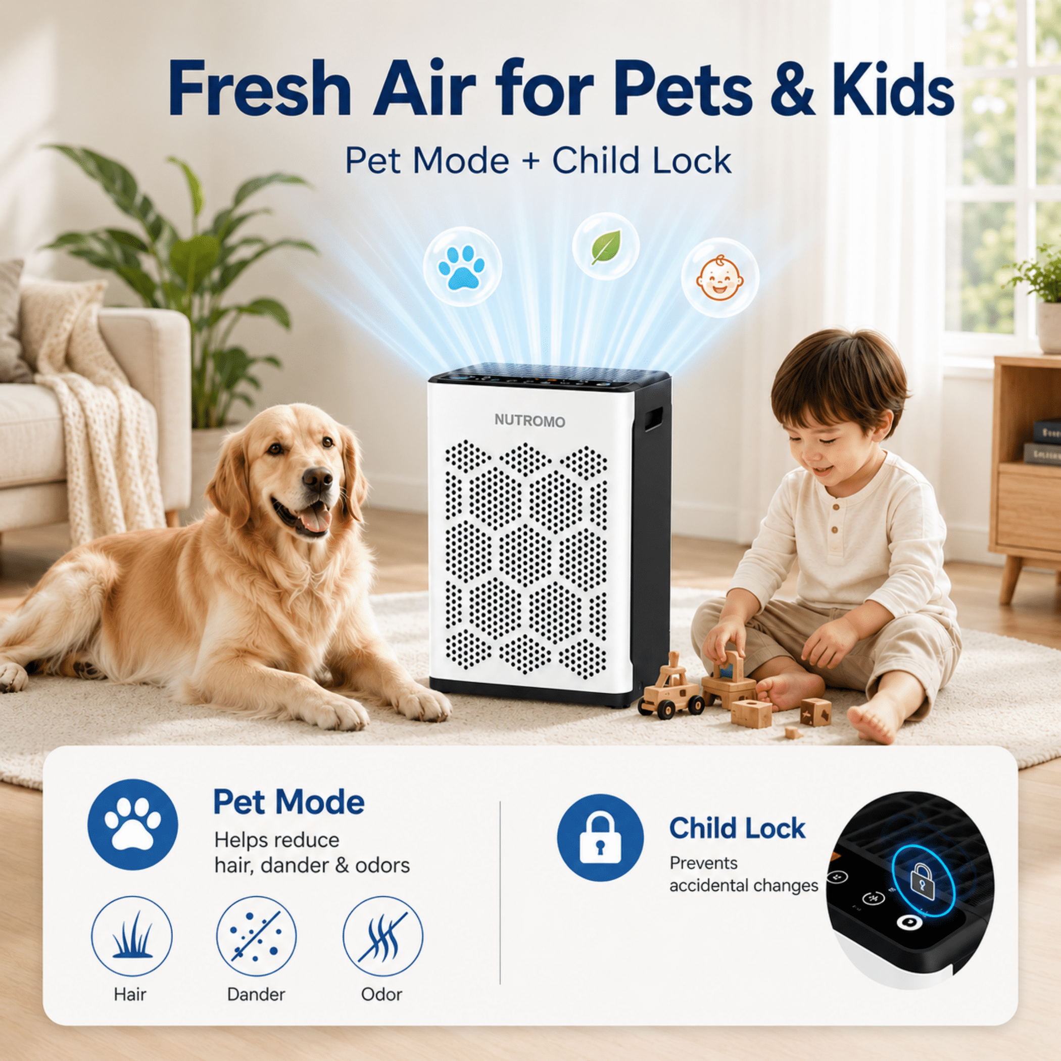 NUTROMO Smart H14 HEPA Air Purifier for Home up to 2400 Sq. Ft., Washable Pre-Filter, Aromatherapy, Air Purifier for Allergies and Asthma