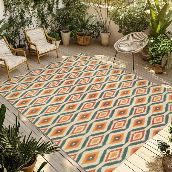 Fsddascl Orange Teal Geometric Outdoor Rug for Patio/Deck/Porch, Non-Slip Large Area Rug 5 x 8 Ft, Southwest Ethnic Country Indoor Outdoor Rugs Washable Area Rugs, Reversible Camping Rug Carpet