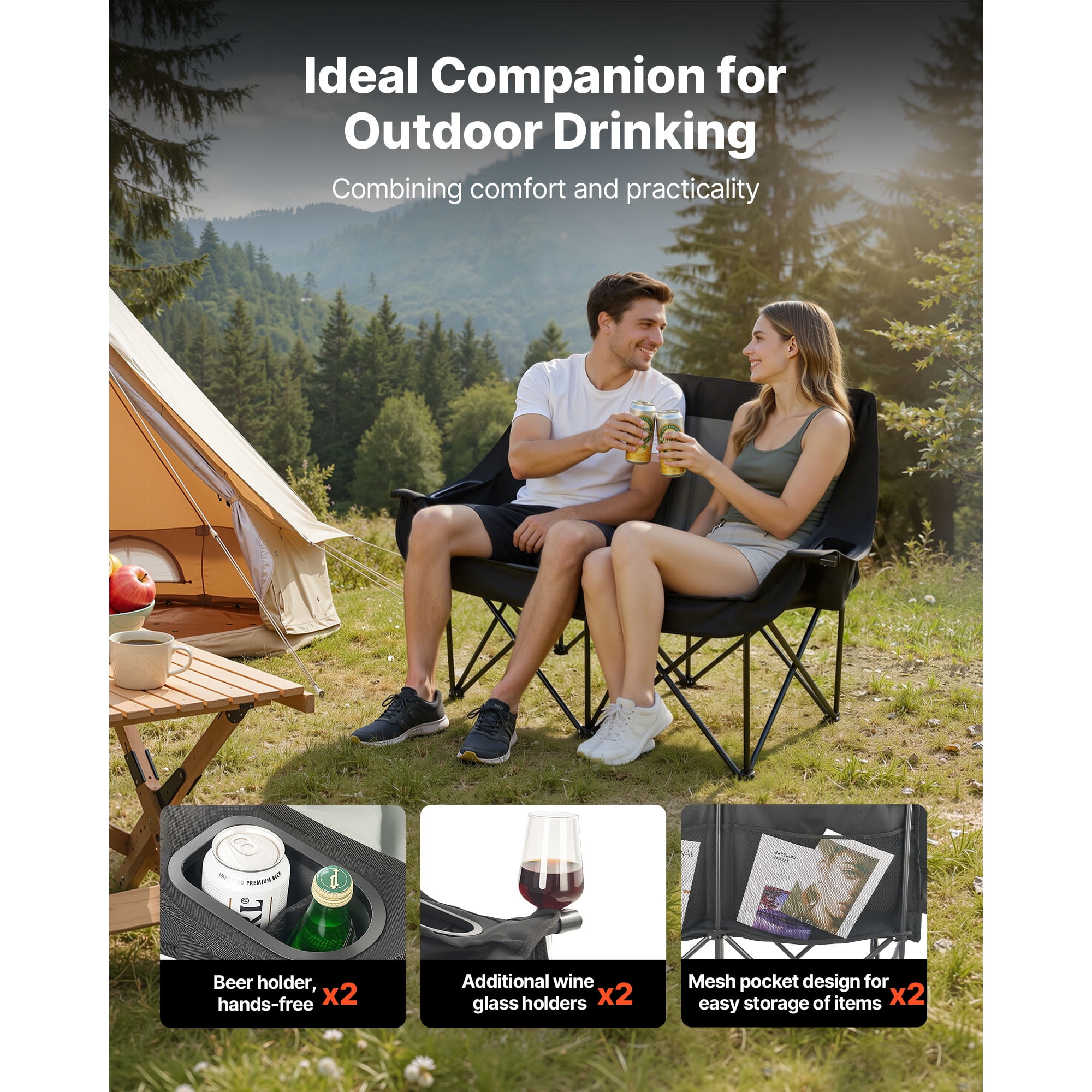 KFFKFF Double Camping Chair for Two, Sturdy Design with 660 lbs Weight Capacity, Includes Cup Holders, Wine Glass Slots, Magazine Straps, and Carry Bag for Outdoor Activities, Beach Use, Single Pack