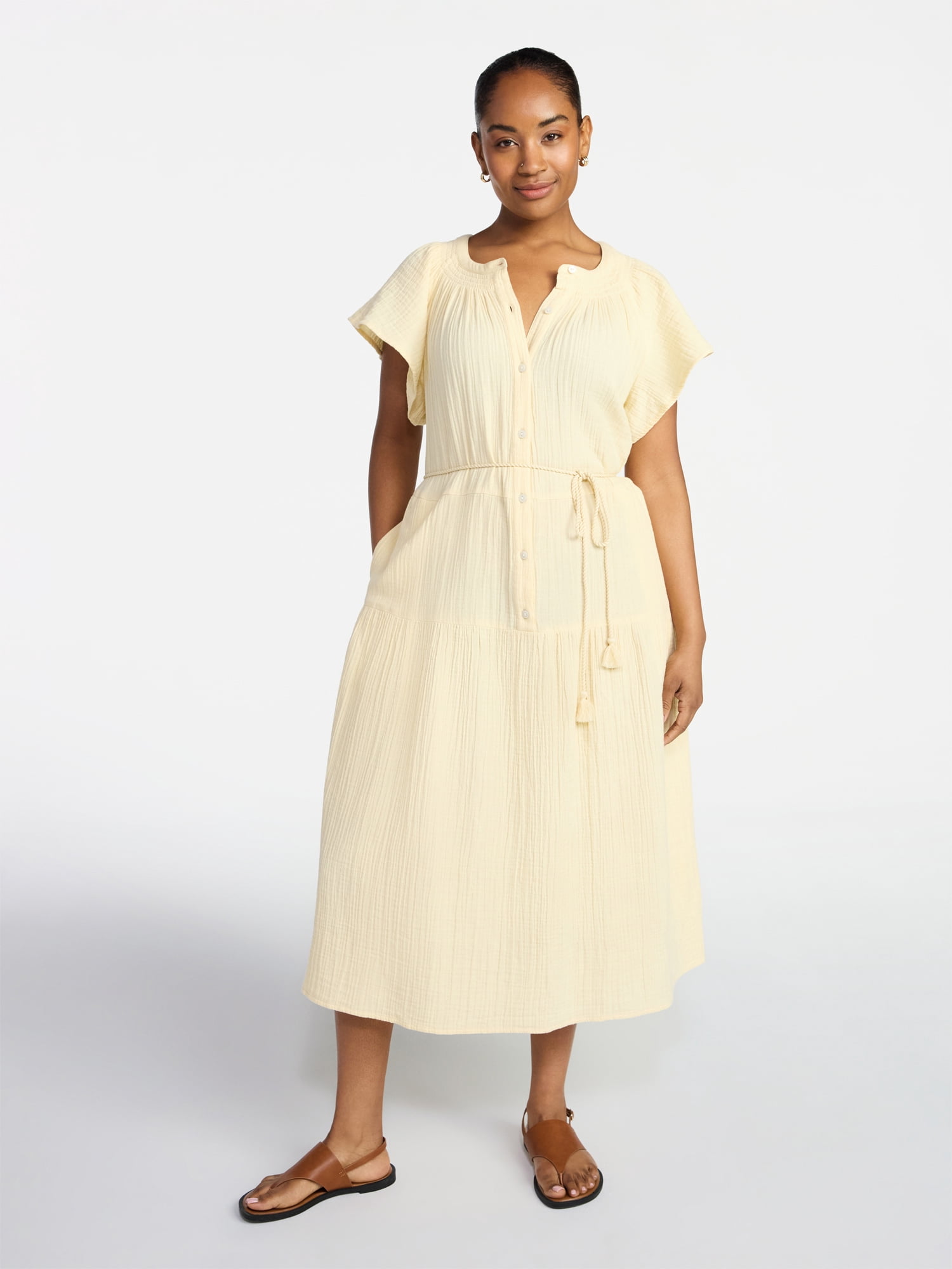 Time and Tru Women's Cotton Double Cloth Midi Dress with Short Flutter Sleeves, Sizes XS-XXXL