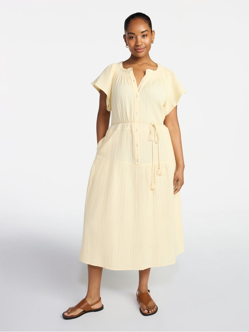 short sleeve cotton midi dress Ivory Cotton Cap Sleeve Midi Dress - Casual Dresses