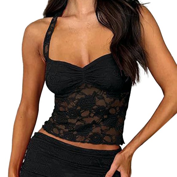 PeXxxx Women's Lace Neck Crop See Through Backless Sheer Mesh Tank XL