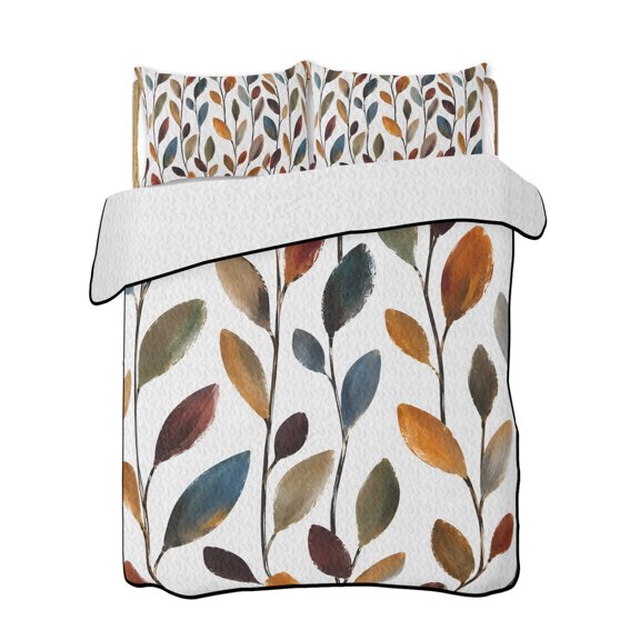 Watercolor Leaf Quilts Bedding Set Full Size Rustic Minimalist Blue Yellow Botanical Branch Lightweight Quilted Bedspread 3 Piece Bed Quilt with 2 Pillow Shams All Season for Bedroom 68" x 98"