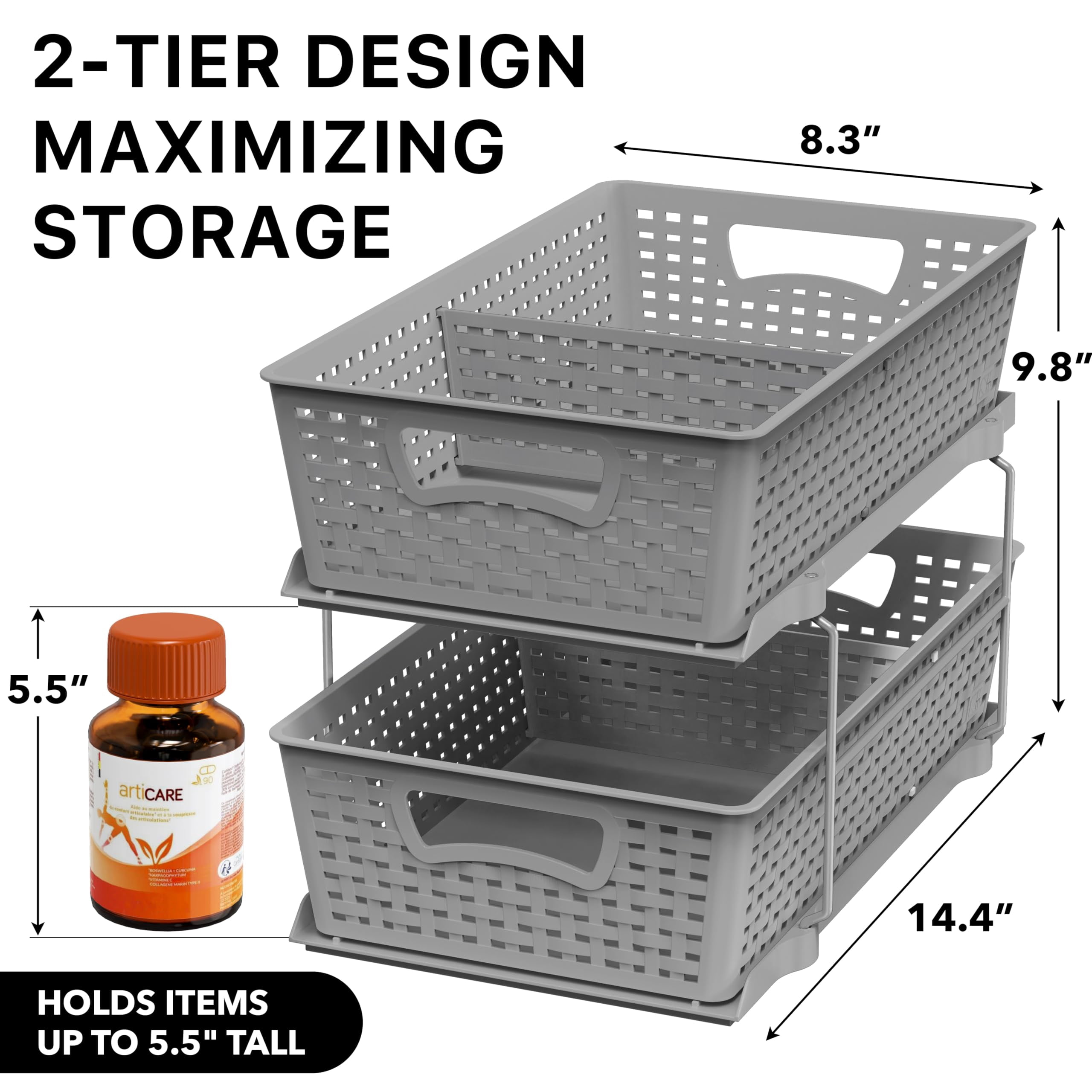 2 Tier Bathroom Organizer Tray Pull-out Sliding Drawer  Under Sink Storage Gray