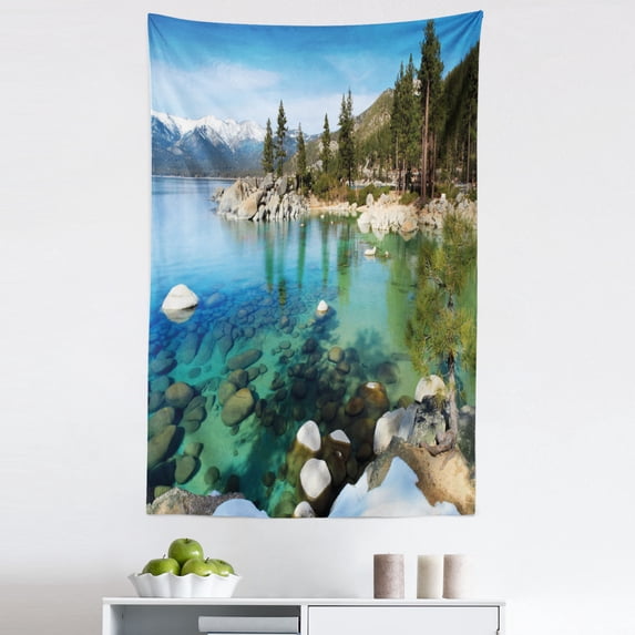 Lake Tahoe Tapestry, Scenic American Places Mountains Snow Rocks in the California Summer, Fabric Wall Hanging Decor for Bedroom Living Room Dorm, 5 Sizes, Multicolor, by Ambesonne