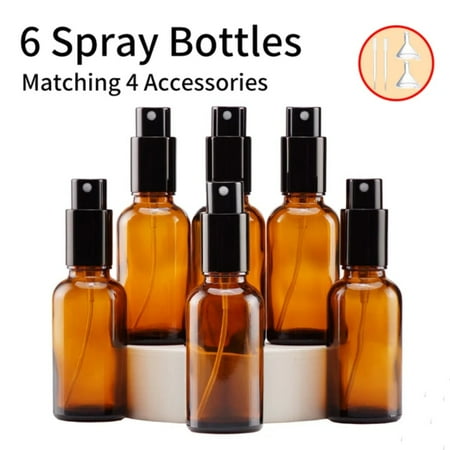 

High-Quality 30ml Amber Glass Spray Bottle Set with 6 Bottles and 4 Accessories - 6pcs of Fine Spray Bottles 2 Funnels 2 Droppers Metal Construction