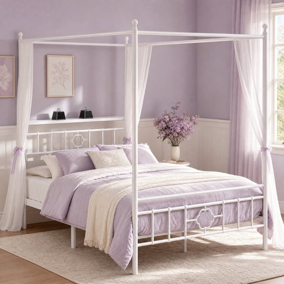 melmine Canopy Bed Frame Full with Storage Headboard Canopy Metal Bed Frame with 4 Removable Posts Curtain Not Included, White