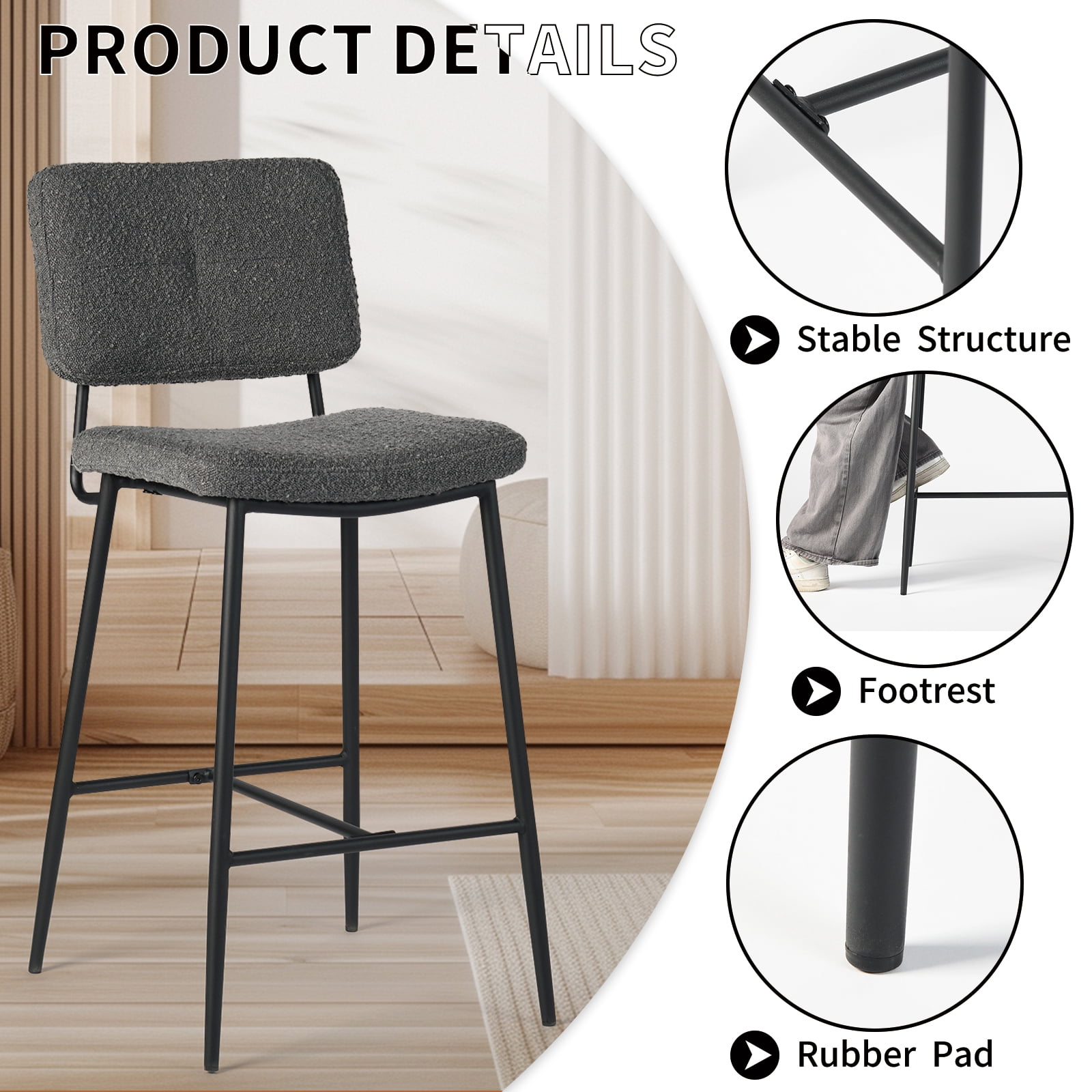 Homy Casa 27 inch Bar Stools Set of 2, Modern Counter Height Bar Stools, with Back and Metal Leg for Kitchen Island Pub Living Room, Grey